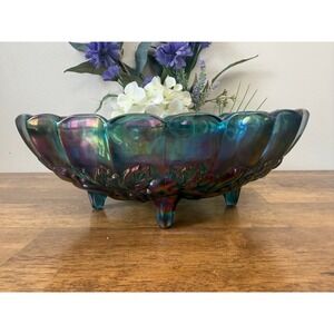 Vintage Indiana Glass Blue Carnival Glass Harvest Grape Footed Bowl Iridescent